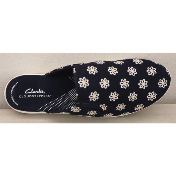 Clarks Cloudsteppers Women 10M Navy Floral Breeze Shore Canvas Slip-On Mules - Picture 5 of 9